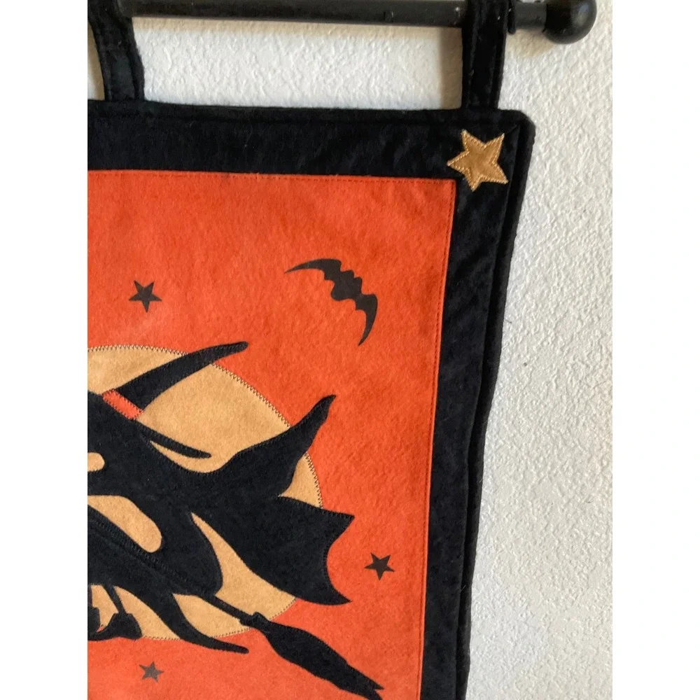 Halloween Witch Moon Felt Wall Hanging Banner Primitive Spooky  Orange Black